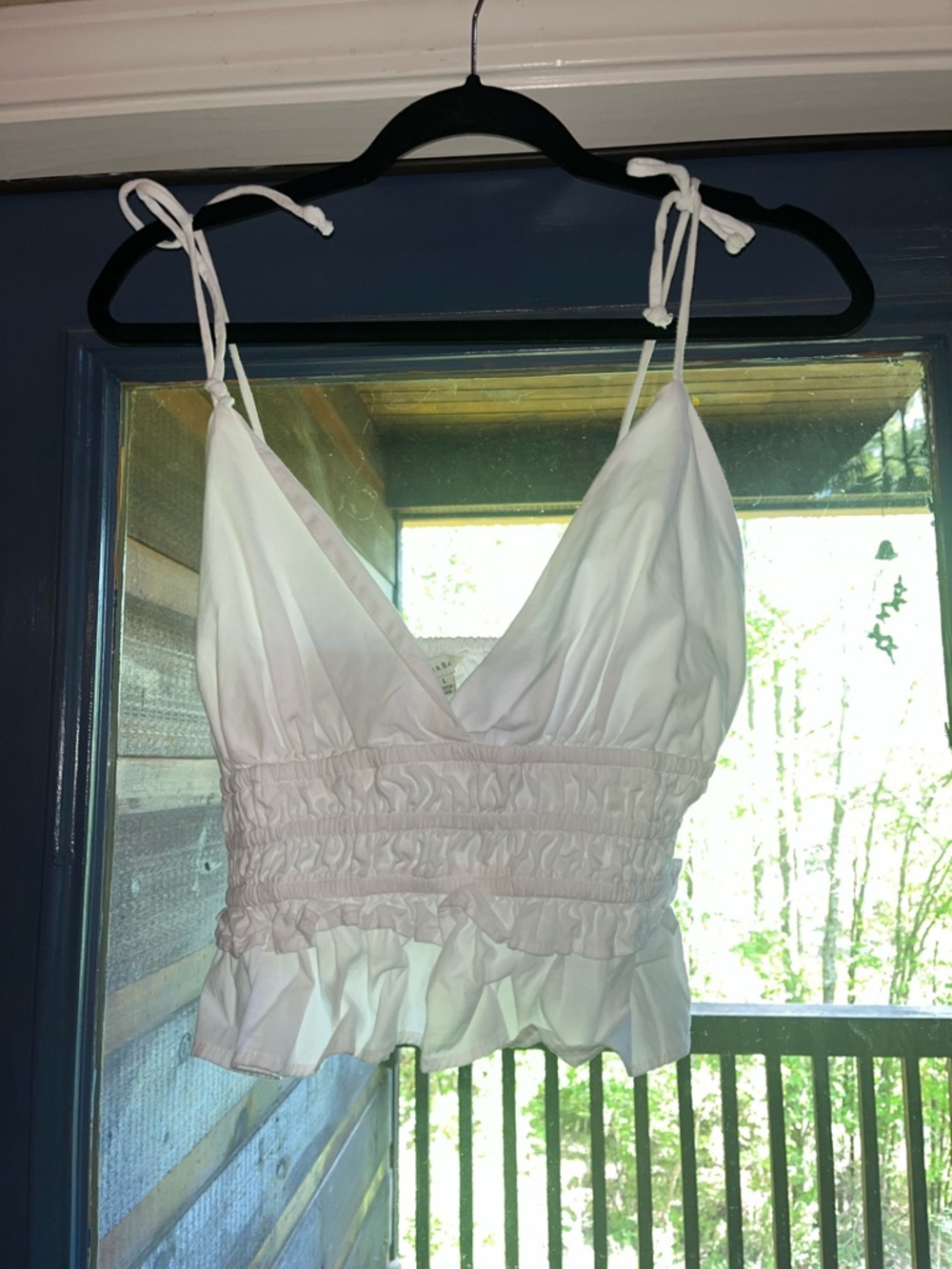 White Smocked Ruffle Tie-Shoulder Crop Top